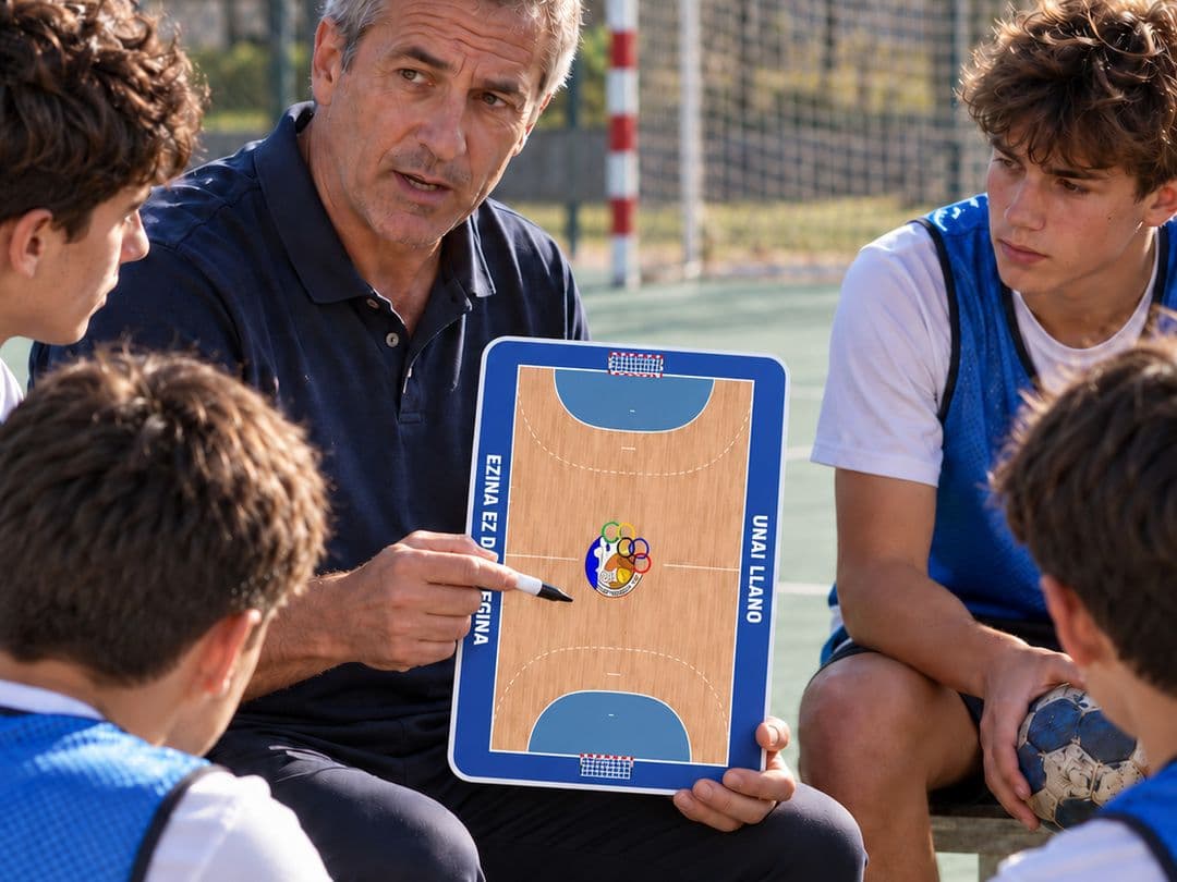 Um treinador de andebol explica uma jogada no quadro aos seus jogadores no campo